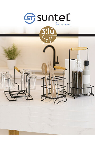 Suntel Metal Wooden Handle 3-Piece Kitchen Organizer Set – Cup Holder, Spoon Rest, Oil Bottle Salt Napkin Holder Stand