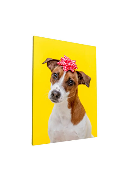 PozaTablou Pictură pe pânză: Cățeluș cu fundă pe fundal galben 50x70 cm