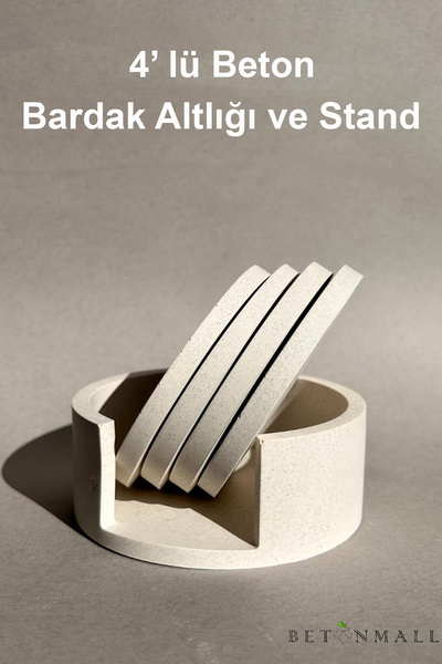 betonmall Set of 4 Concrete Coasters and Stand |   Minimalist Natural Textured Home Decor Set