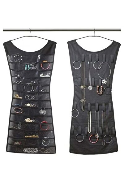 Generic Dress-shaped hanging jewelry organizer, black, multi-pocket, for storing accessories, necklaces, and bracelets.