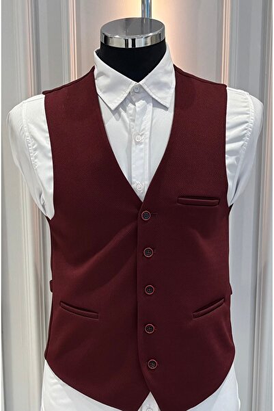 SABRİ ZENGİN Erkek Bordo V Yaka Slim Fit Full Kumaş Yelek