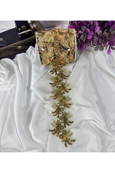 jasmina store gold rengi pulpayet ve boncuk işlemeli dantel