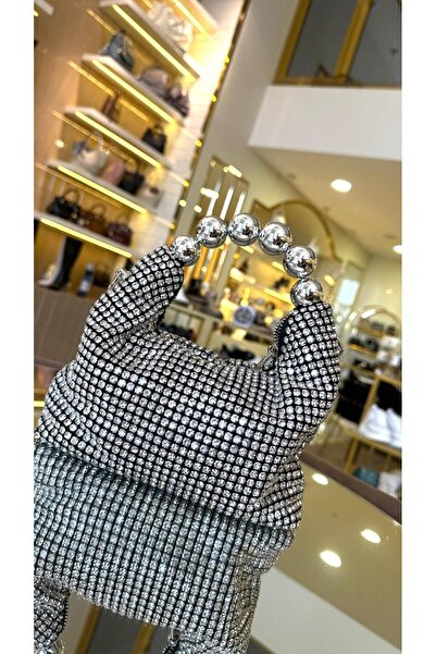 KRISTE BELL İthal Kristal Taşlı İnci Saplı Kadın Çanta 27073 Gümüş