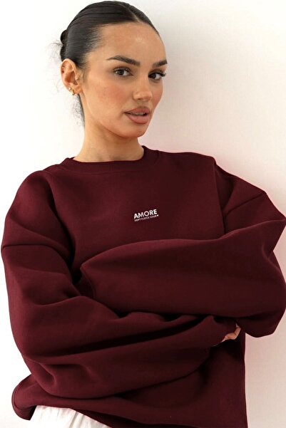 The Champ Clothing Women's Oversized Sweatshirt Amore Burgundy – Crew Neck, 3 Thread Sherpa Fleece