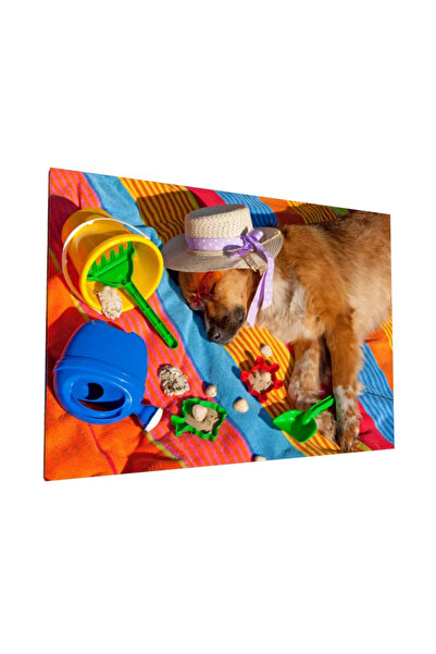 PozaTablou Pictură pe pânză: Cățeluș somnoros pe o plajă colorată (40x30 cm)