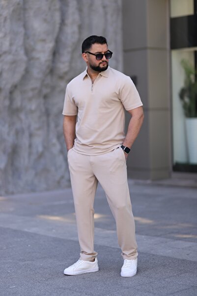 Ramires Polo Collar T-Shirt Comfortable Fit Zipper Detail Top and Bottom Set