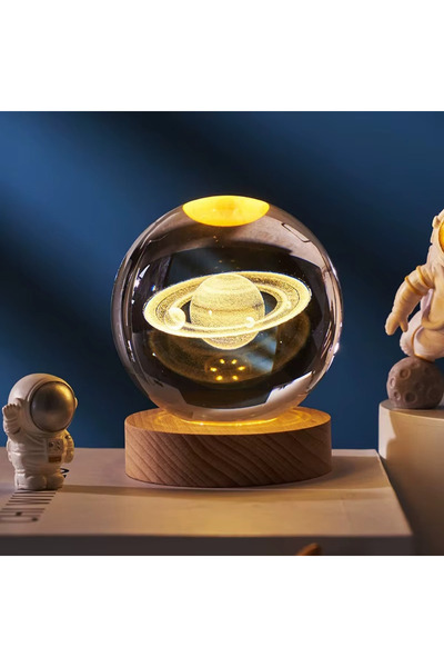 TeknoClass 3d Led Işıklı Ahşap Standlı Cam Satürn Gezegen Küre Dolunay Lamba ...