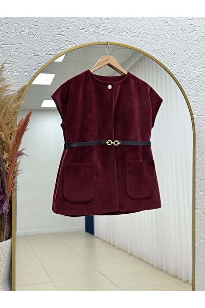 MİHRA STORE Aleta Astarlı Tek Düğmeli Peluş Yelek-BN4550 Bordo