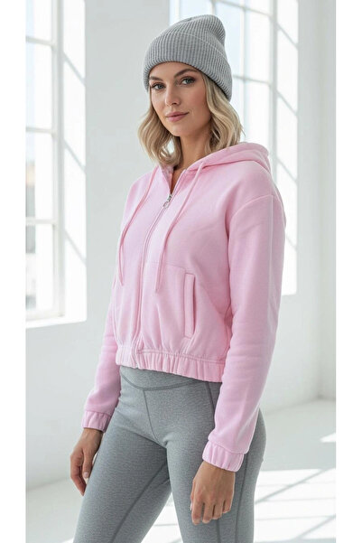 Wear Up 3-خيط مبطن بالصوف هوديي سحاب قصير وردي pat8590