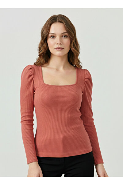 MELA ROSSA Women's Salmon Colored Square Neck Long Sleeve Ribbed Knit Viscose...