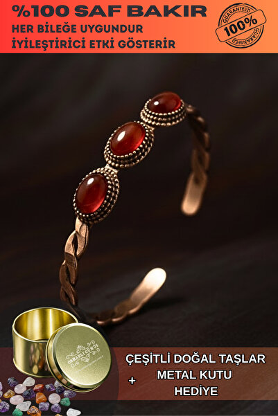 OSMANLI GÜMÜŞ Women's Copper Bracelet - Braided Model 3-Piece Red Agate Stone Copper Bracelet