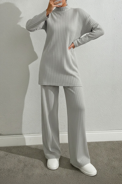 XELA Stand-Up Collar Tunic with Tie-Up Long Sleeves and Tunic Pants Set