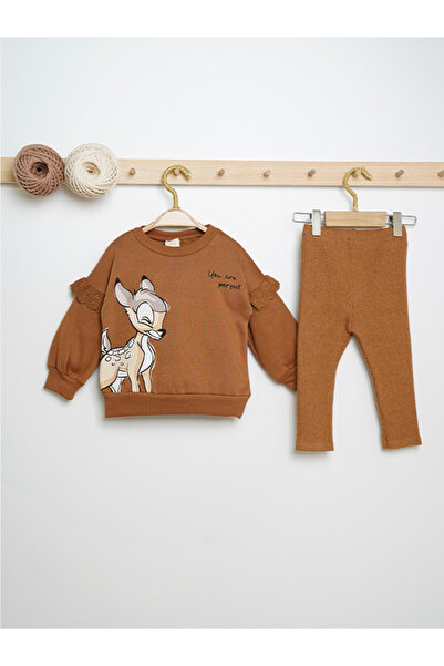 Bupper Girl's Deer Printed Scalloped Long Sleeve Crew Neck 2-Piece Set