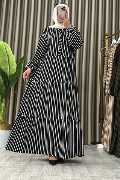 ALYA AYLİN ELBİSE Örme Kumaş Kadın Siyah Yaka Açılabilir Düğmeli ve Çizgi Det...