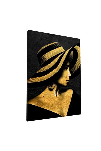 PozaTablou Pictură pe pânză: Siluetă elegantă cu pălărie și cercei aurii 50x70 cm