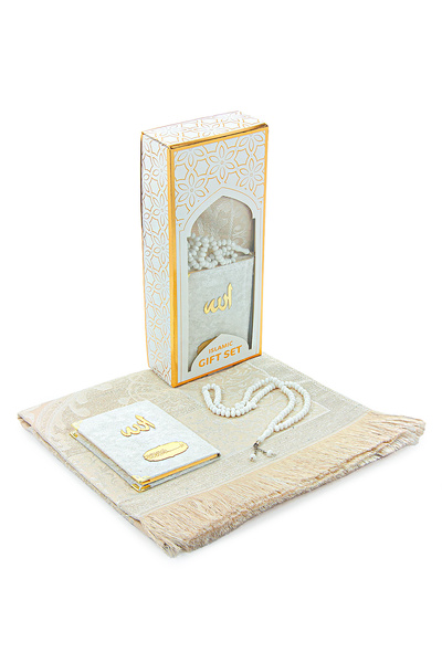ihvan online Velvet Covered Yasini Şerif Book Prayer Rug Set White