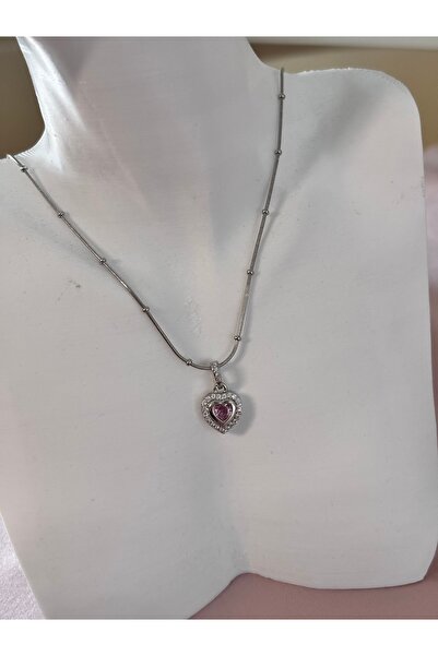 Küçük kalp üçlü pembe taşlı Silver çelik kolye