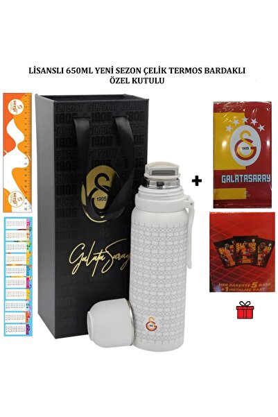 Galatasaray Çelik Termos 650 ML Beyaz Renk Bardaklı Lisanslı Orijinal Ürün Kutulu ve PRE-SEASON 2025-26 - PAKET