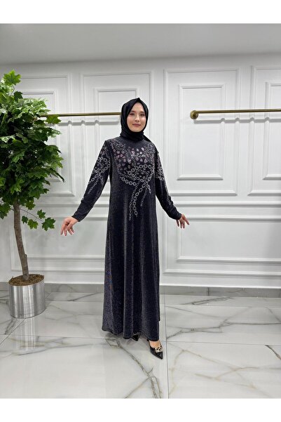 MODA 7952 Skuba Kumaş ZİNCİR DESENLİ TAŞ İŞLEMELİ Tesettür Abiye MOR SİYAH