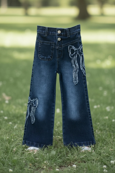 mini trends Kız çocuk pantolon denim fiyonk nakışlı koyu mavi