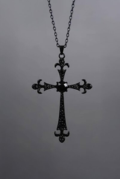 Karakedi Siyah Gotik Siyah Taşlı Fleur De Lis Haç Kolye