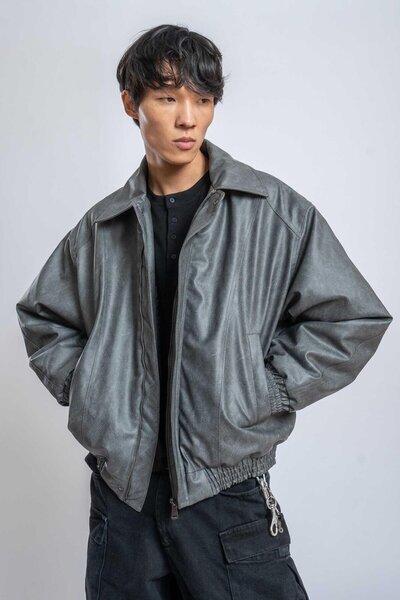 ablukaonline Men's Oversized Zippered Basic Leather Coat Gray