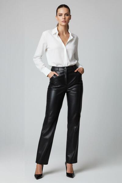 Deriderim Black Lora High Waist Straight Leg Women's Genuine Leather Pants