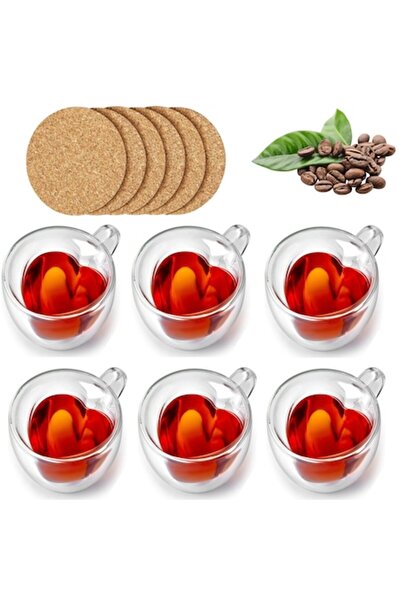 GABOS Set of 6 Heart-Shaped Glass Mugs with Handle, Borosilicate, 240 ml, Transparent