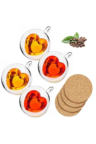 GABOS Set of 4 Heart-Shaped Double-Walled Mugs, 240 ml, Borosilicate Glass, Transparent