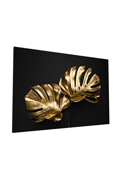 PozaTablou Pictură pe pânză: Frunze aurii de Monstera pe fundal negru 100x70 cm