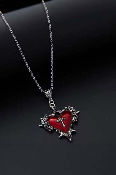 Karakedi Silver Red Heart Cross Gothic Necklace