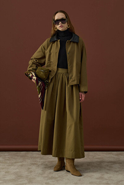 Kübra Yiğit Leather Collar Jacket Set Khaki