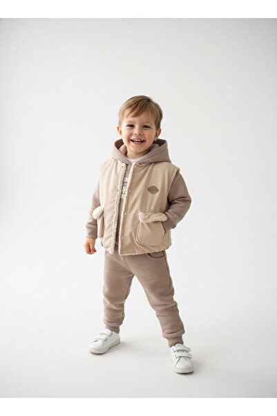 Butik KAPÜŞONLU YELEKLİ ERKEK ÇOCUK CEKETLİ 3'LÜ ALT - ÜST TAKIM PAMUKLU KUMAŞ