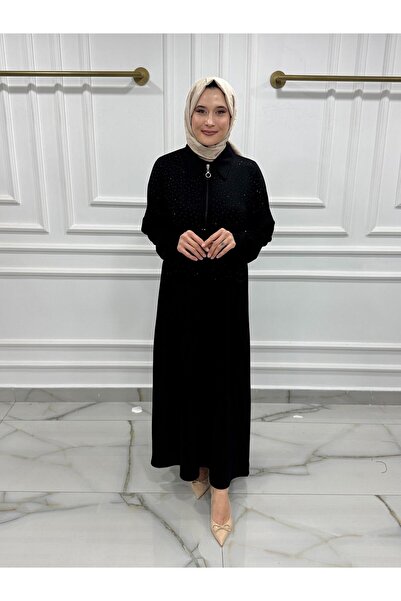 MODA 8654 İKİ İPLİK KUMAŞ TAŞ DETAYLI YARIM FERMUARLI BOYDAN DÜZ ELBİSE SİYAH