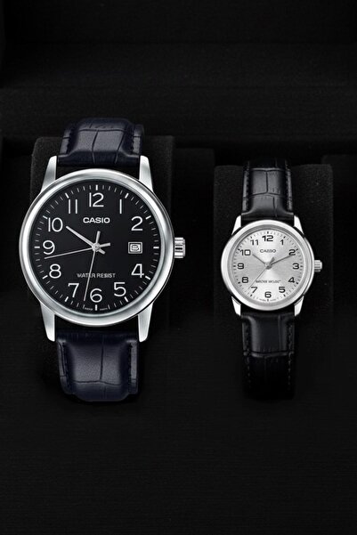 Casio Couple Wristwatch Set Ltp-V002L-7Budf-Mtp-V002L-1Budf Leather Band Black Gift Set