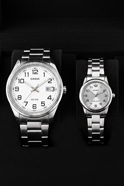 Casio Couple Wristwatch Set Ltp-V001D-7Budf-Mtp-1302D-7Bvdf-Set Steel Band Silver Color Gift Set