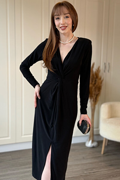 Dilay Gökoğlu Butik Μαύρο φόρεμα με V-λαιμόκοψη, μίντι μήκος και σκίσιμο, με ...