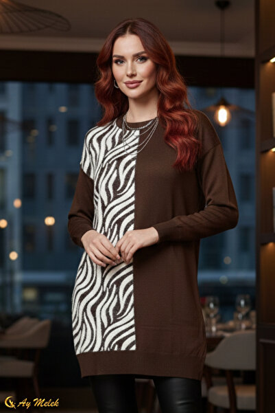 AYMELEK Women's Knitwear Sweater Long Crew Neck Zebra Pattern Sweater