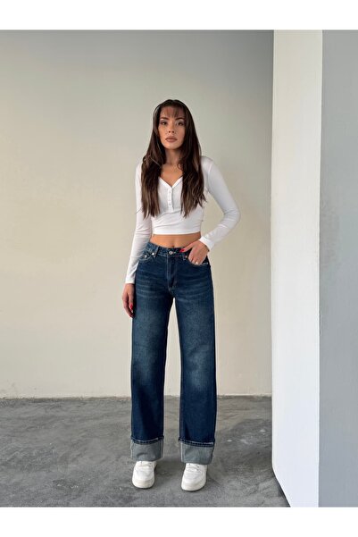 mydukkan.co Palazzo Jeans with Cuffed Legs