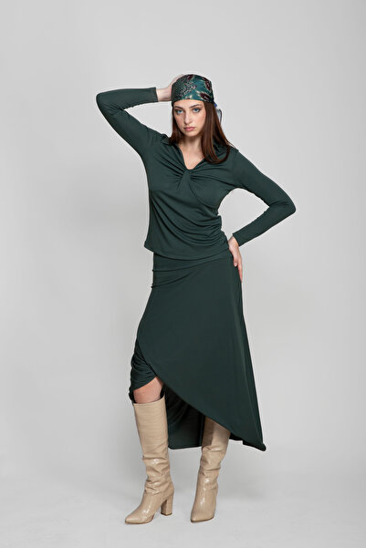 Escarel Zümrüt Yeşili Drapeli Asimetrik Kesim Asimetrik Midi Etek