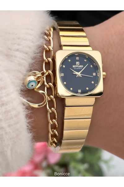 Reward Women's Watch, Square-Round Case, Black Dial, Yellow Steel Band, Comes in Stylish Box with Bracelet Gift