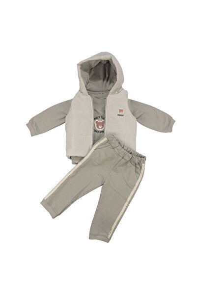 bebegen Erkek Bebek Gri Şişme Yelekli Ayı Nakışlı Üçlü Takım