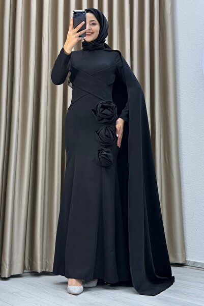 Matik Abiyem Zarif Drapeli Çiçek Detaylı Tesettür Abiye – Kuyruklu Modern Özel Gün Elbisesi