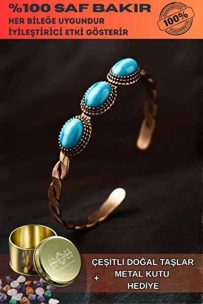 OSMANLI GÜMÜŞ Women's Copper Bracelet - Braided Model 3-Piece Blue Agate Stone Copper Bracelet