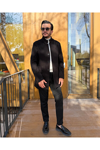 Avni Ceylan Men's Modern Stitching Detailed Mock Neck Cashmere Coat