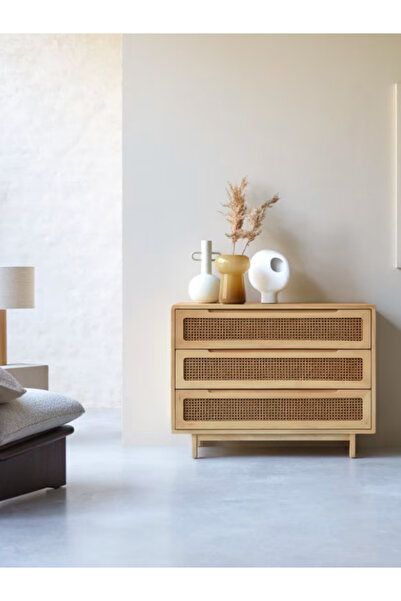 Creawood Luis 3 Çekmeceli, Rattan Detaylı Masif Şifoniyer