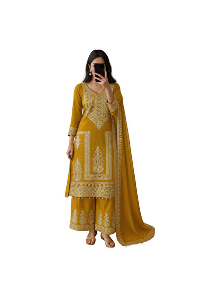 MYSMAR كورتي خردل شينون حرير مطرز بالازو ووشاح - HRT5220 | الخردل