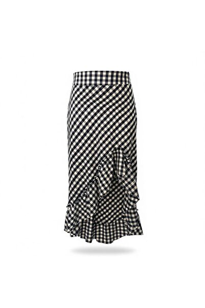 Eight Fashion Kadın Siyah Beyaz Ekoseli Asimetrik Fırfırlı Yırtmaçlı Pamuk Uzun Etek