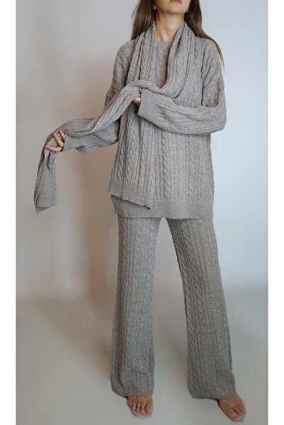 oyagüler طقم تريكو ثلاثي للنساء من صوف المنك البيج بنمط محبوك يتكون من سترة و...