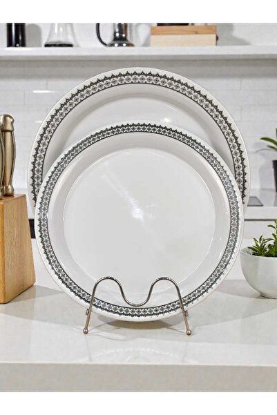 AR اطباق ميلامين طقم 2 حبه 35 سم 40 سم لون ابيض بزخرفة جانبية